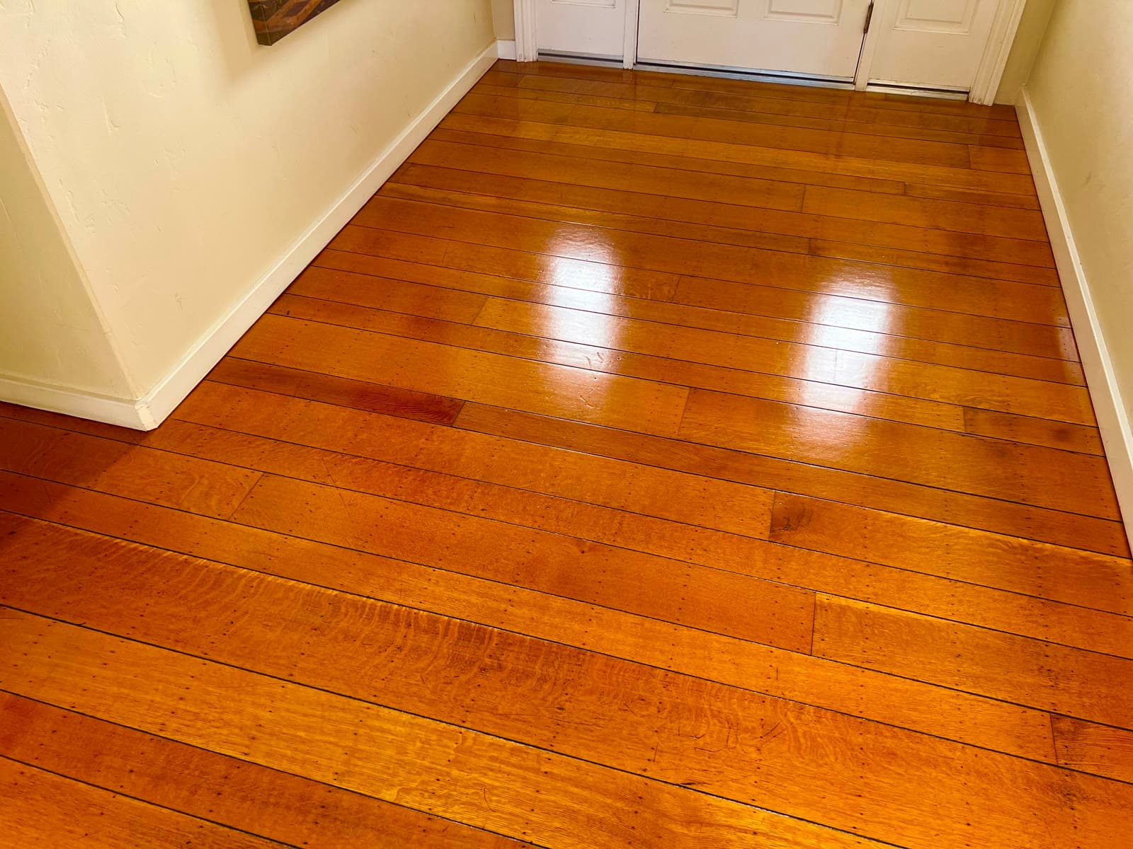 Hardwood floor with a fresh screen and recoat finish, glossy and reflective